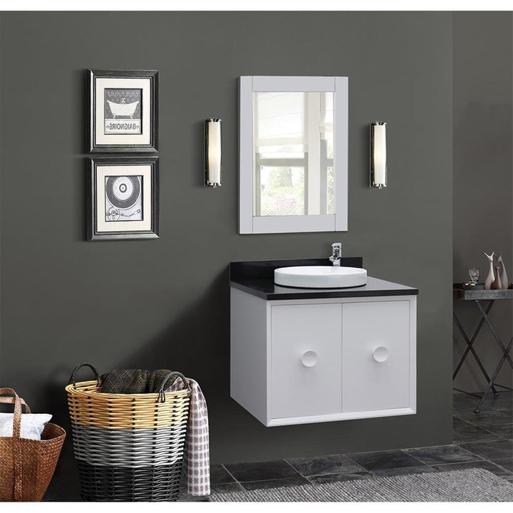 Bellaterra Stora 31" Single Wall Mount Vanity, White, Black Galaxy Granite Top/Round Sink