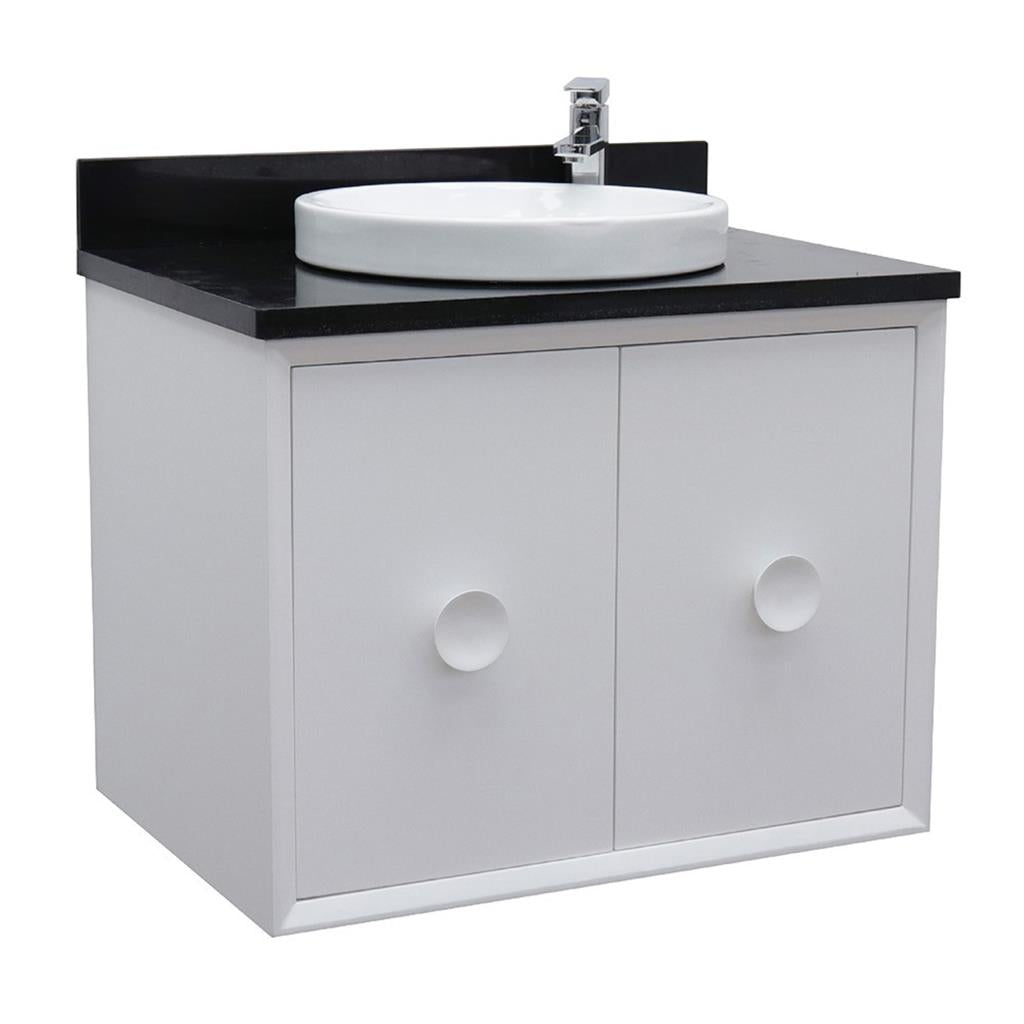 Bellaterra Stora 31" Single Wall Mount Vanity, White, Black Galaxy Granite Top/Round Sink