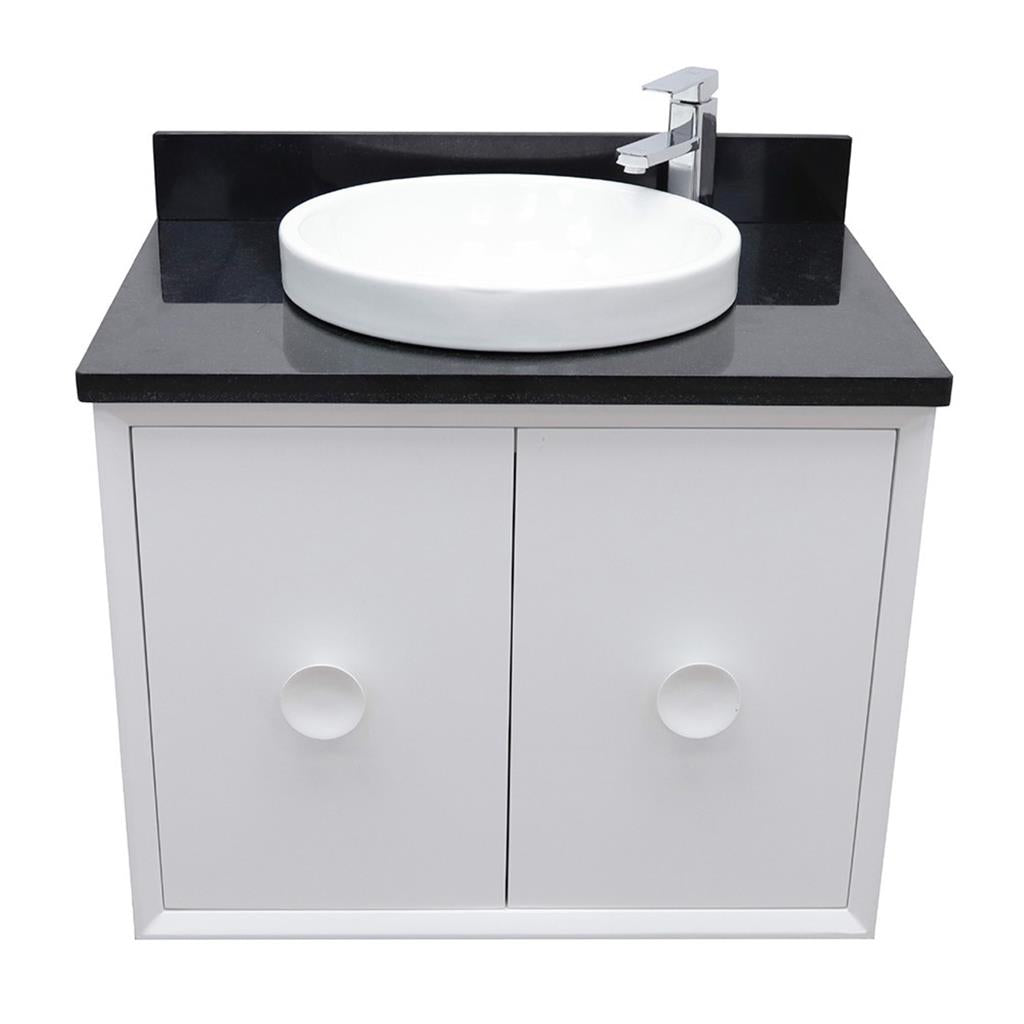 Bellaterra Stora 31" Single Wall Mount Vanity, White, Black Galaxy Granite Top/Round Sink