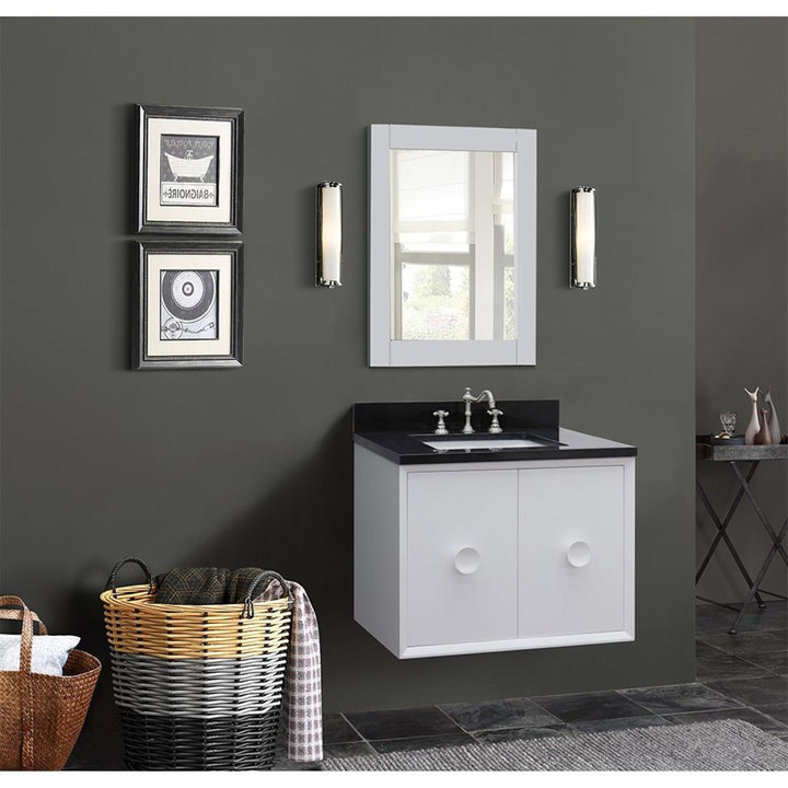 Bellaterra Stora 31" Single Wall Mount Vanity, White, Black Galaxy Granite Top/Rectangle Sink