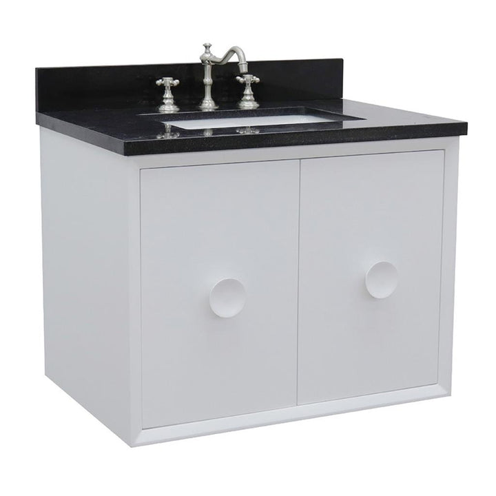 Bellaterra Stora 31" Single Wall Mount Vanity, White, Black Galaxy Granite Top/Rectangle Sink