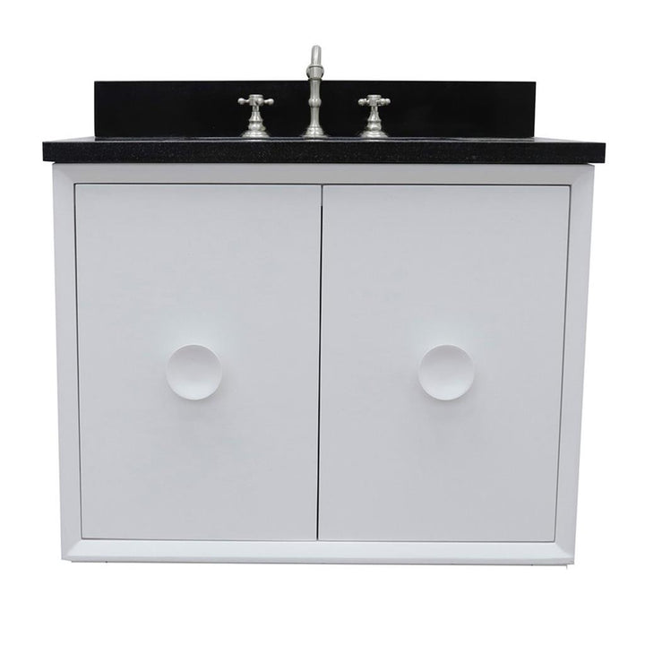 Bellaterra Stora 31" Single Wall Mount Vanity, White, Black Galaxy Granite Top/Rectangle Sink