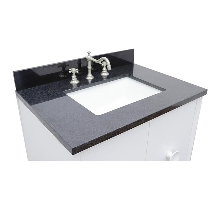 Bellaterra Stora 31" Single Wall Mount Vanity, White, Black Galaxy Granite Top/Rectangle Sink