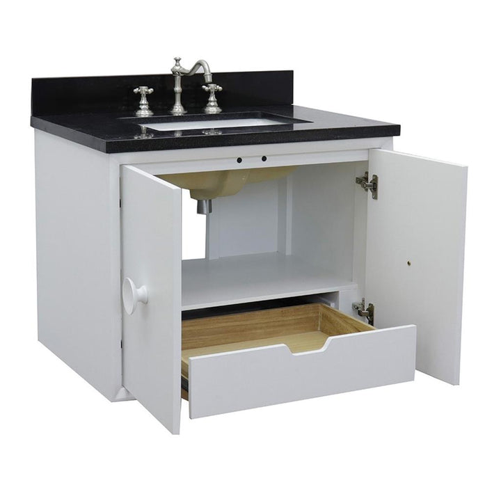 Bellaterra Stora 31" Single Wall Mount Vanity, White, Black Galaxy Granite Top/Rectangle Sink