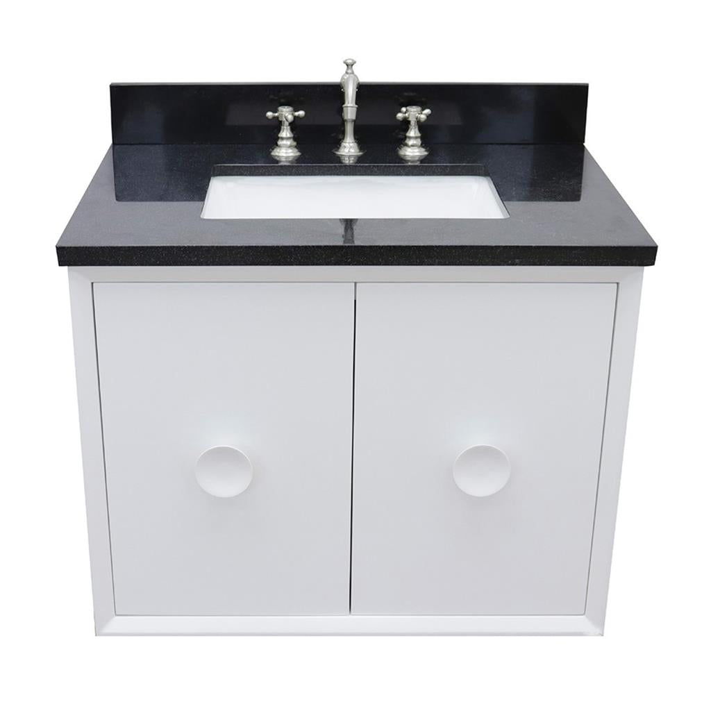 Bellaterra Stora 31" Single Wall Mount Vanity, White, Black Galaxy Granite Top/Rectangle Sink