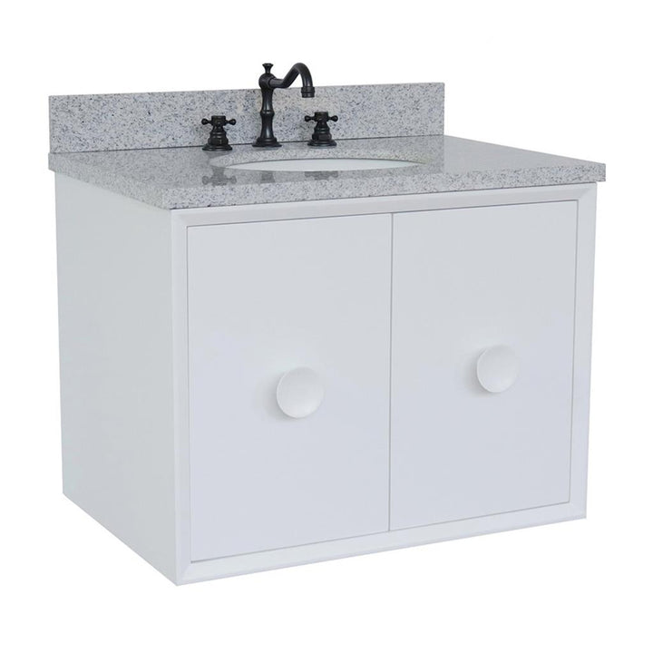 Bellaterra Stora 31" Single Wall Mount Vanity, White, Gray Granite Top/Oval Sink