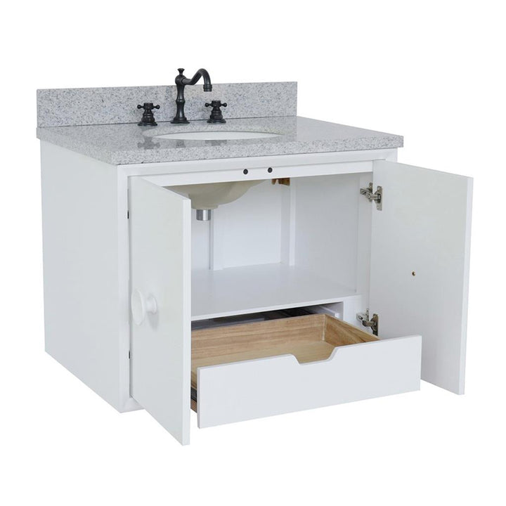 Bellaterra Stora 31" Single Wall Mount Vanity, White, Gray Granite Top/Oval Sink