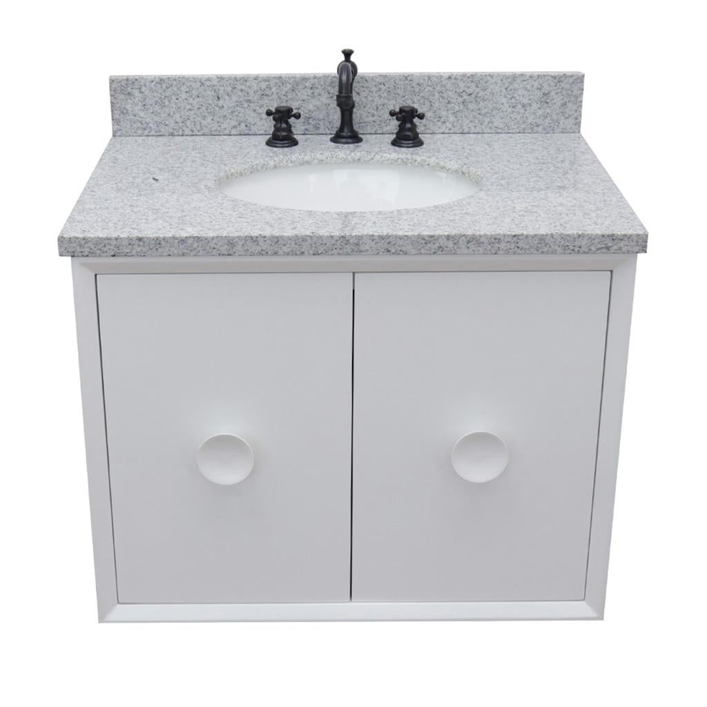 Bellaterra Stora 31" Single Wall Mount Vanity, White, Gray Granite Top/Oval Sink