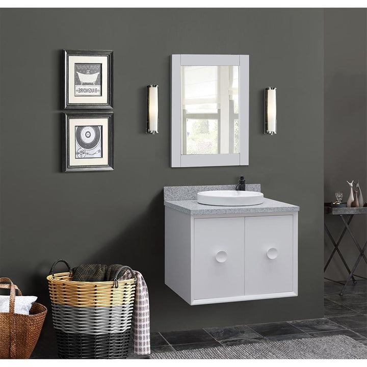 Bellaterra Stora 31" Single Wall Mount Vanity, White, Gray Granite Top/Round Sink