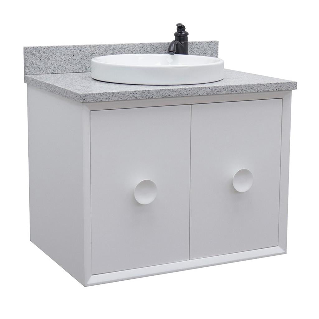 Bellaterra Stora 31" Single Wall Mount Vanity, White, Gray Granite Top/Round Sink