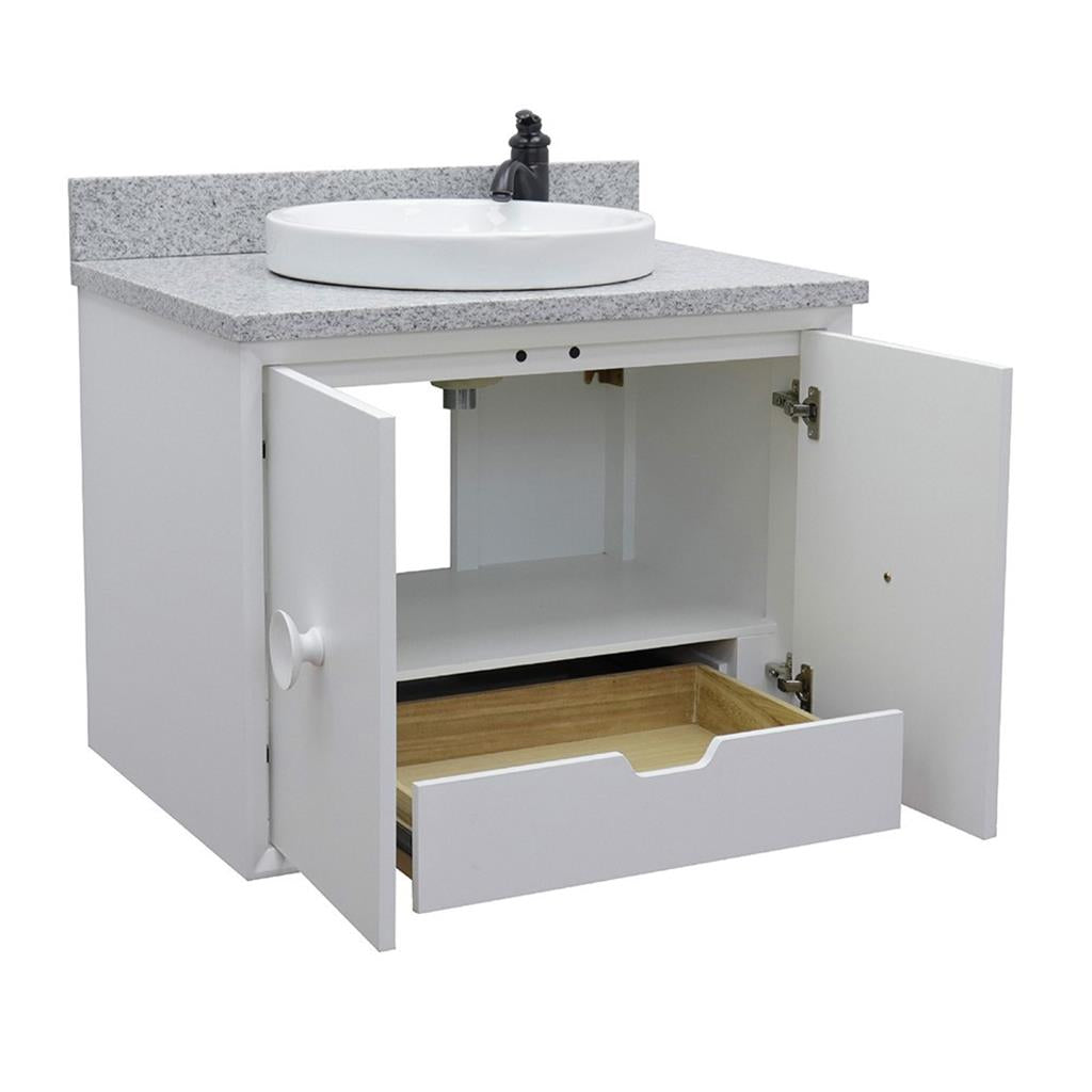 Bellaterra Stora 31" Single Wall Mount Vanity, White, Gray Granite Top/Round Sink