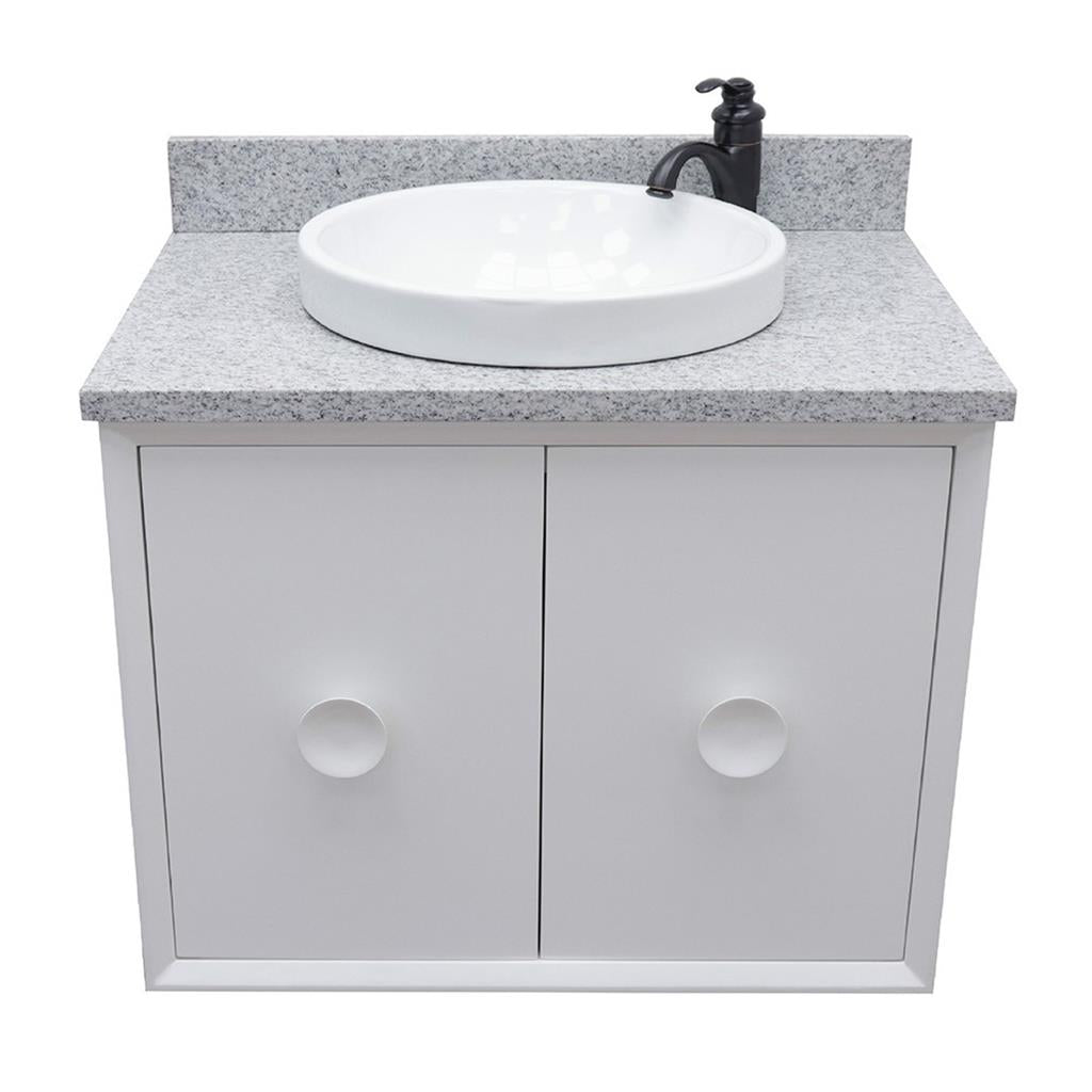 Bellaterra Stora 31" Single Wall Mount Vanity, White, Gray Granite Top/Round Sink