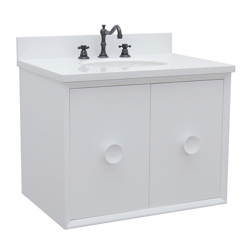 Bellaterra Stora 31" Single Wall Mount Vanity, White, White Quartz Top/Oval Sink