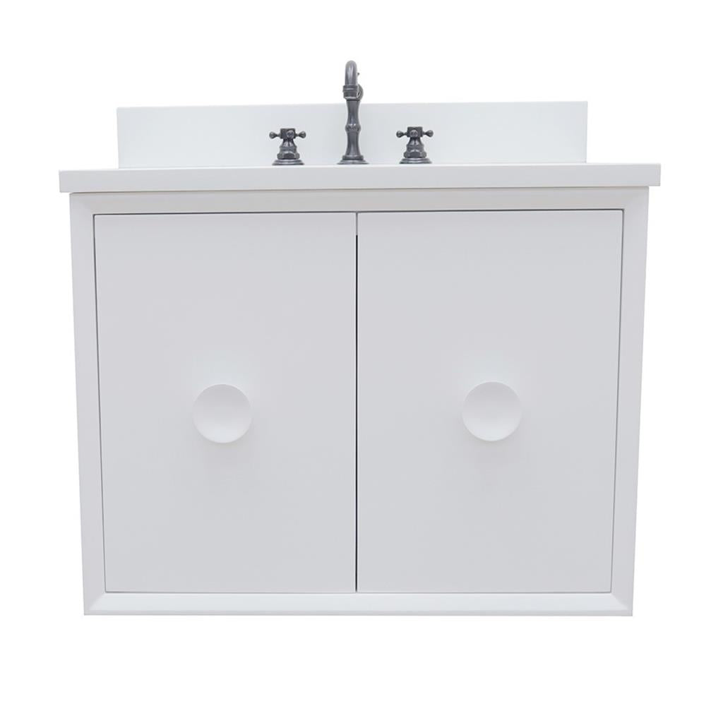 Bellaterra Stora 31" Single Wall Mount Vanity, White, White Quartz Top/Oval Sink