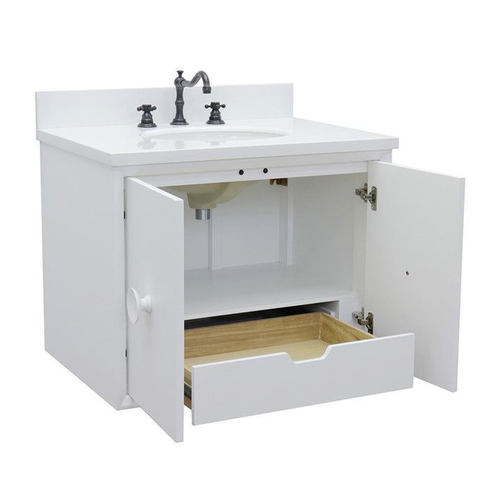 Bellaterra Stora 31" Single Wall Mount Vanity, White, White Quartz Top/Oval Sink