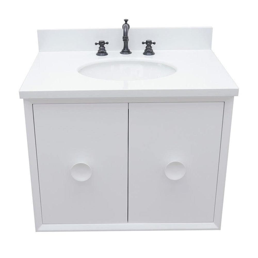 Bellaterra Stora 31" Single Wall Mount Vanity, White, White Quartz Top/Oval Sink