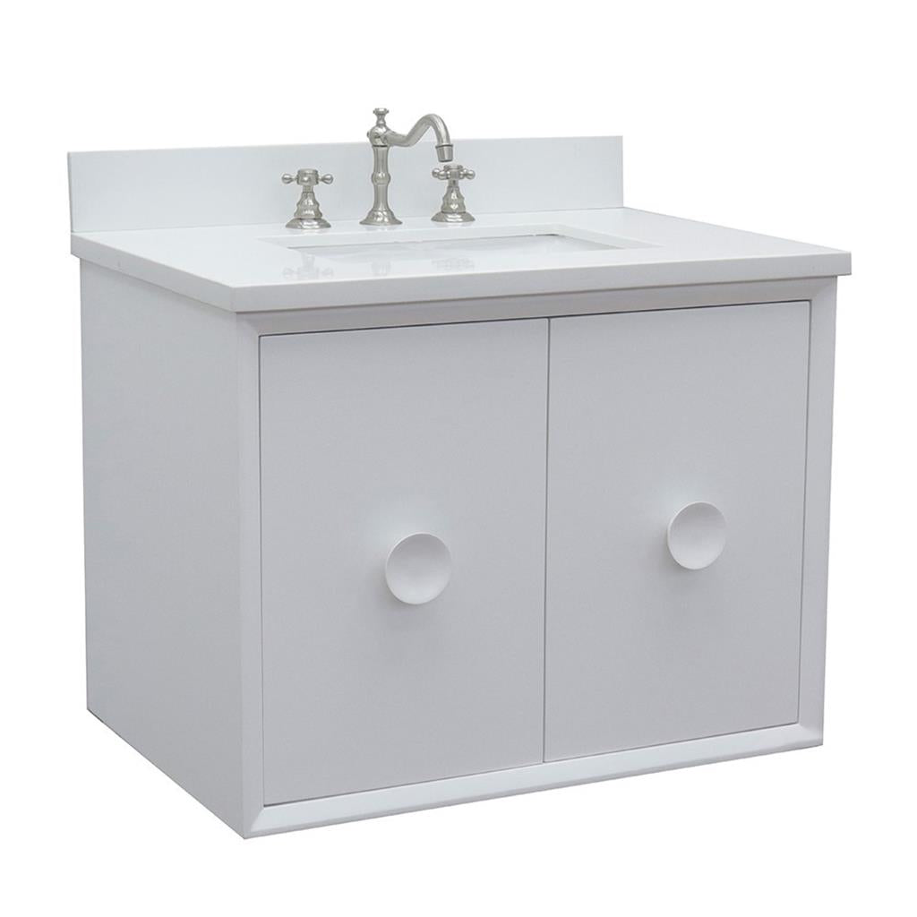 Bellaterra Stora 31" Single Wall Mount Vanity, White, White Quartz Top/Rectangle Sink