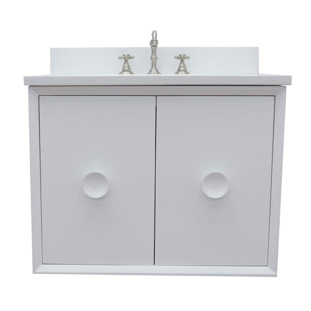 Bellaterra Stora 31" Single Wall Mount Vanity, White, White Quartz Top/Rectangle Sink