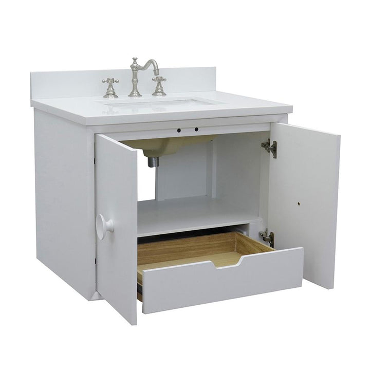 Bellaterra Stora 31" Single Wall Mount Vanity, White, White Quartz Top/Rectangle Sink