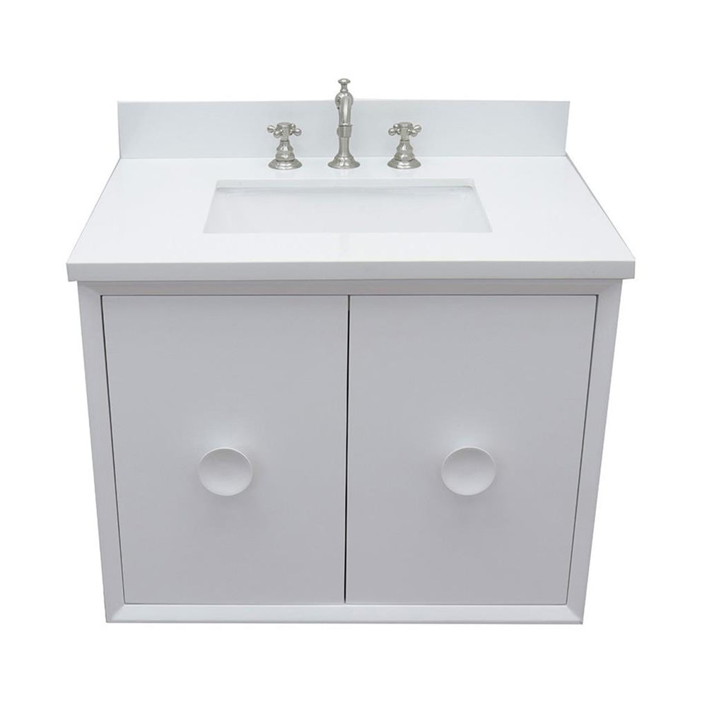 Bellaterra Stora 31" Single Wall Mount Vanity, White, White Quartz Top/Rectangle Sink