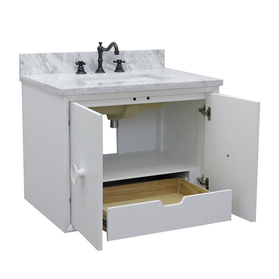 Bellaterra Stora 31" Single Wall Mount Vanity, White, White Carrara Top/Rectangle Sink