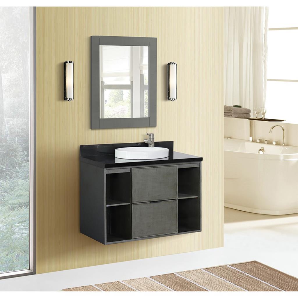 Bellaterra Scandi 37" Single Wall Mount Vanity, Linen Gray, Black Galaxy Granite Top/Round Sink