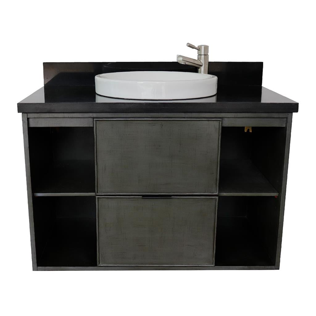 Bellaterra Scandi 37" Single Wall Mount Vanity, Linen Gray, Black Galaxy Granite Top/Round Sink