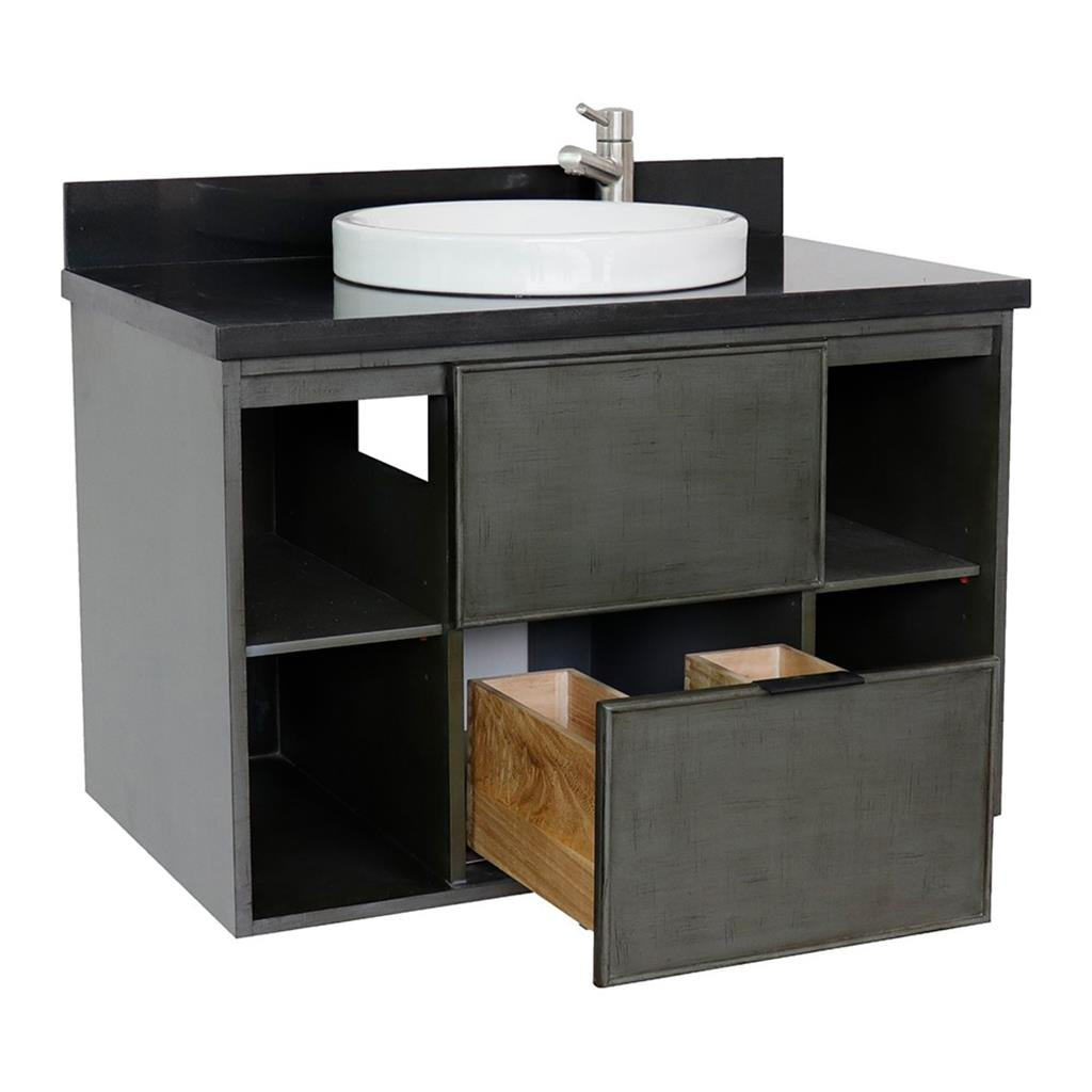 Bellaterra Scandi 37" Single Wall Mount Vanity, Linen Gray, Black Galaxy Granite Top/Round Sink