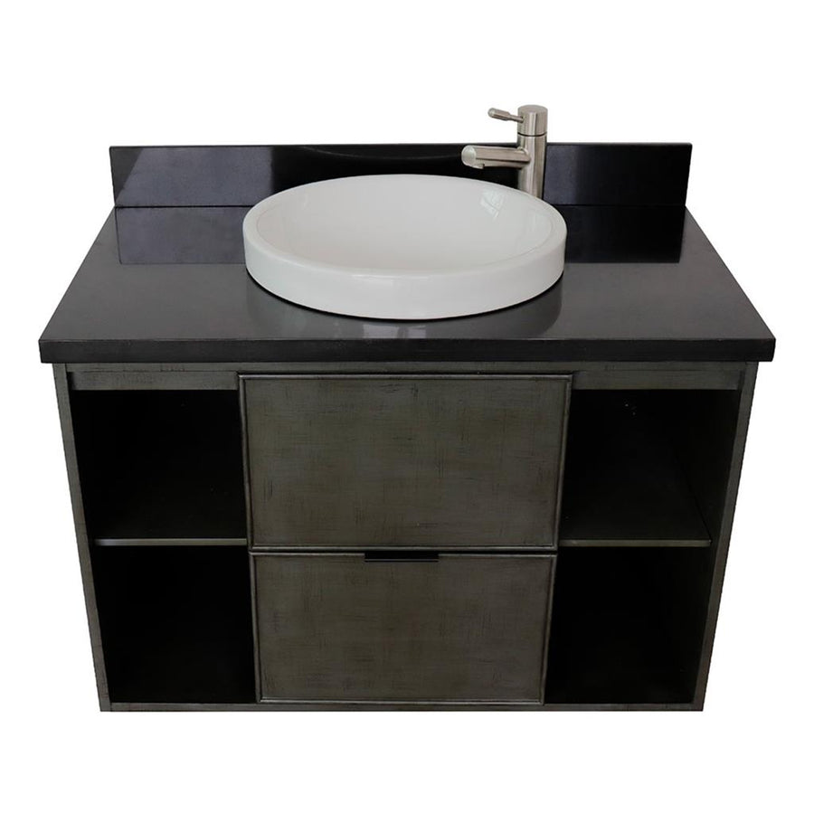 Bellaterra Scandi 37" Single Wall Mount Vanity, Linen Gray, Black Galaxy Granite Top/Round Sink