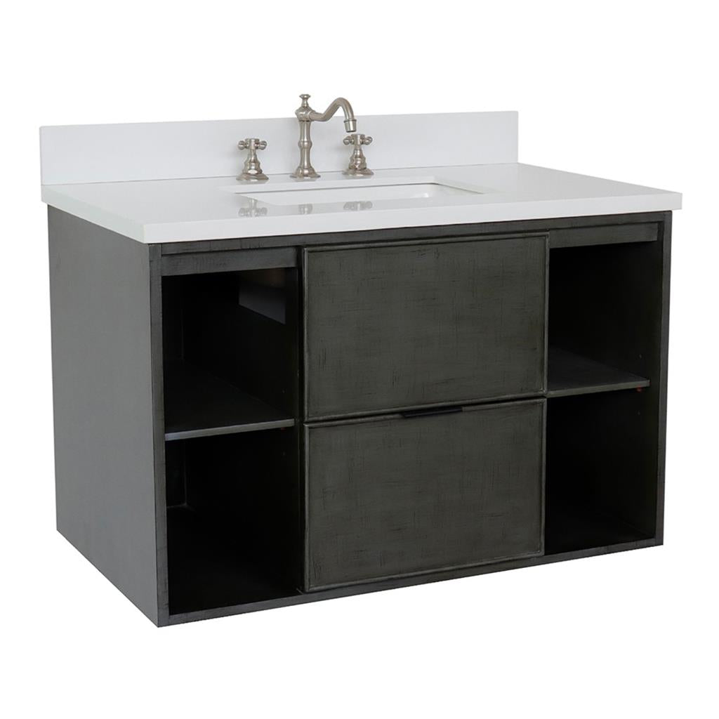 Bellaterra Scandi 37" Single Wall Mount Vanity, Linen Gray, White Quartz Top/Rectangle Sink