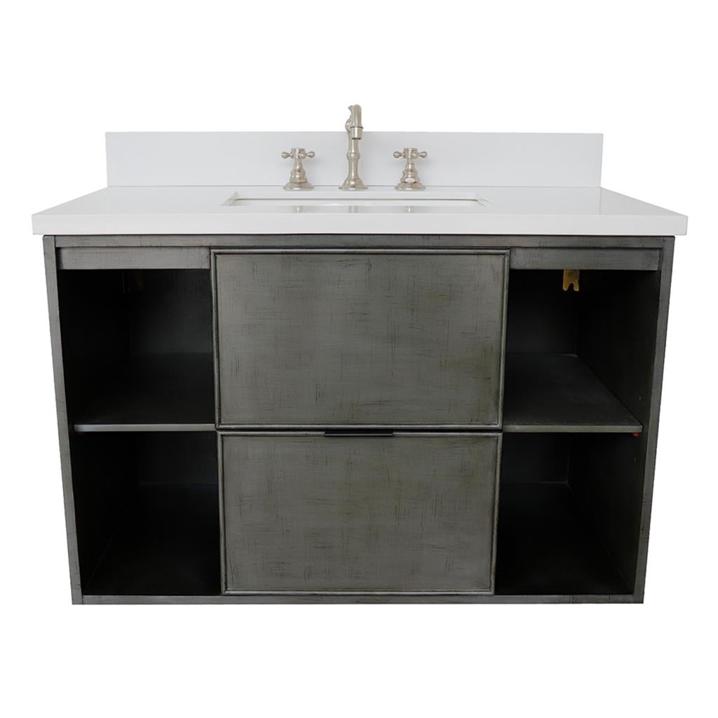 Bellaterra Scandi 37" Single Wall Mount Vanity, Linen Gray, White Quartz Top/Rectangle Sink