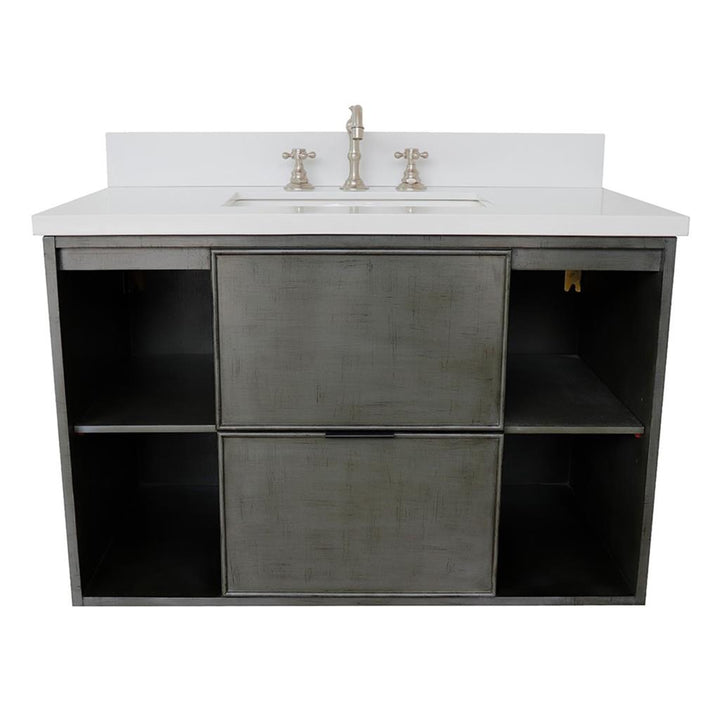 Bellaterra Scandi 37" Single Wall Mount Vanity, Linen Gray, White Quartz Top/Rectangle Sink