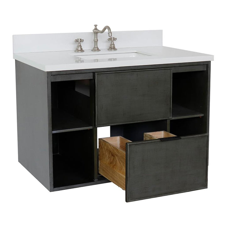 Bellaterra Scandi 37" Single Wall Mount Vanity, Linen Gray, White Quartz Top/Rectangle Sink