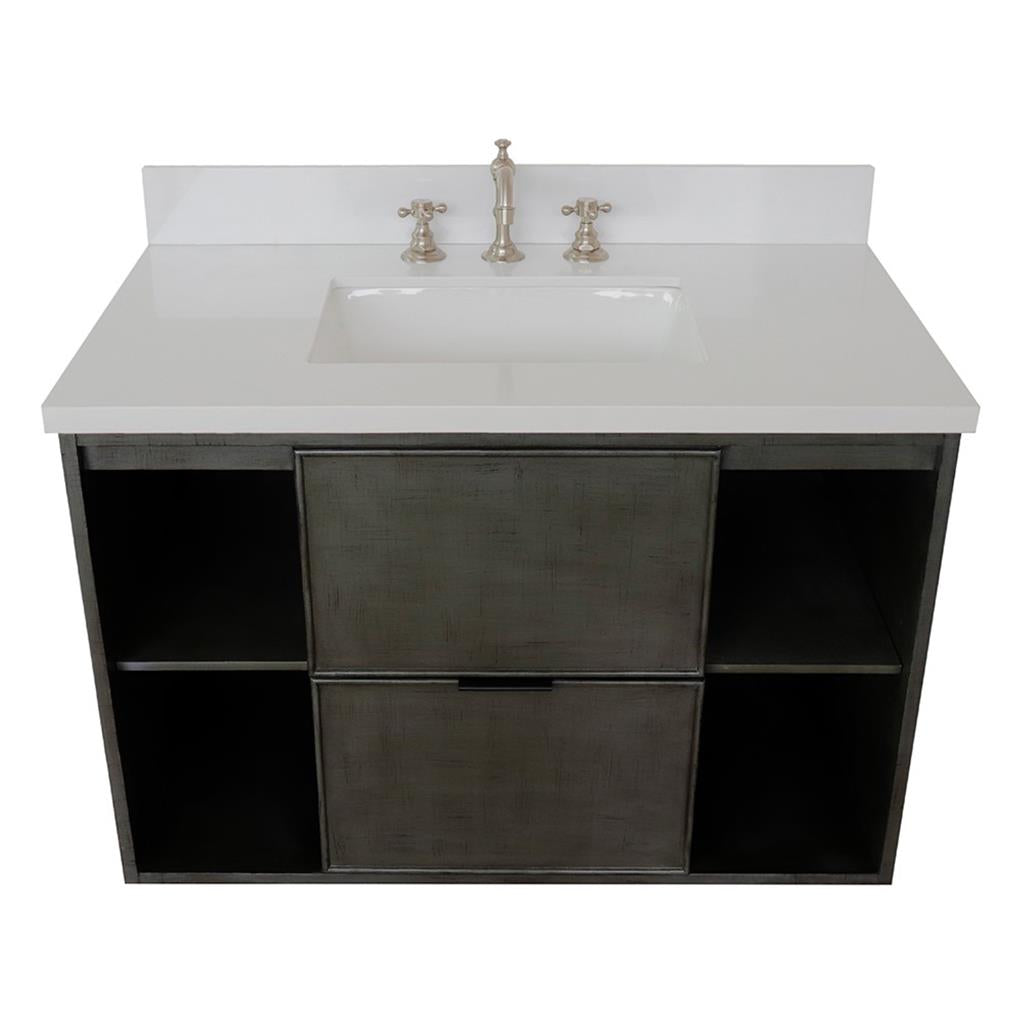 Bellaterra Scandi 37" Single Wall Mount Vanity, Linen Gray, White Quartz Top/Rectangle Sink