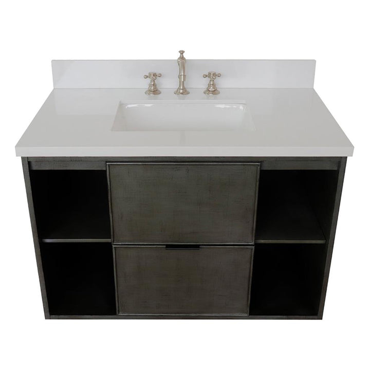 Bellaterra Scandi 37" Single Wall Mount Vanity, Linen Gray, White Quartz Top/Rectangle Sink