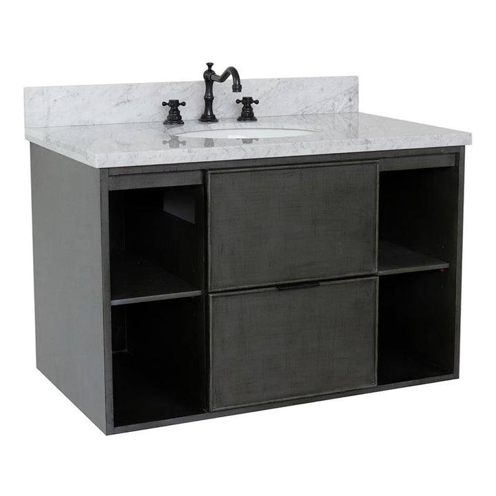 Bellaterra Scandi 37" Single Wall Mount Vanity, Linen Gray, White Carrara Top/Oval Sink