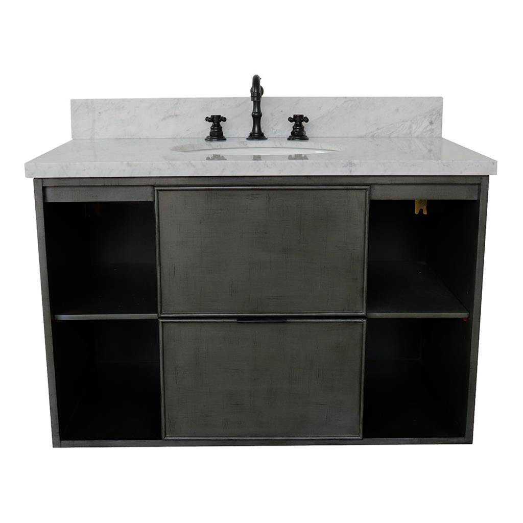 Bellaterra Scandi 37" Single Wall Mount Vanity, Linen Gray, White Carrara Top/Oval Sink