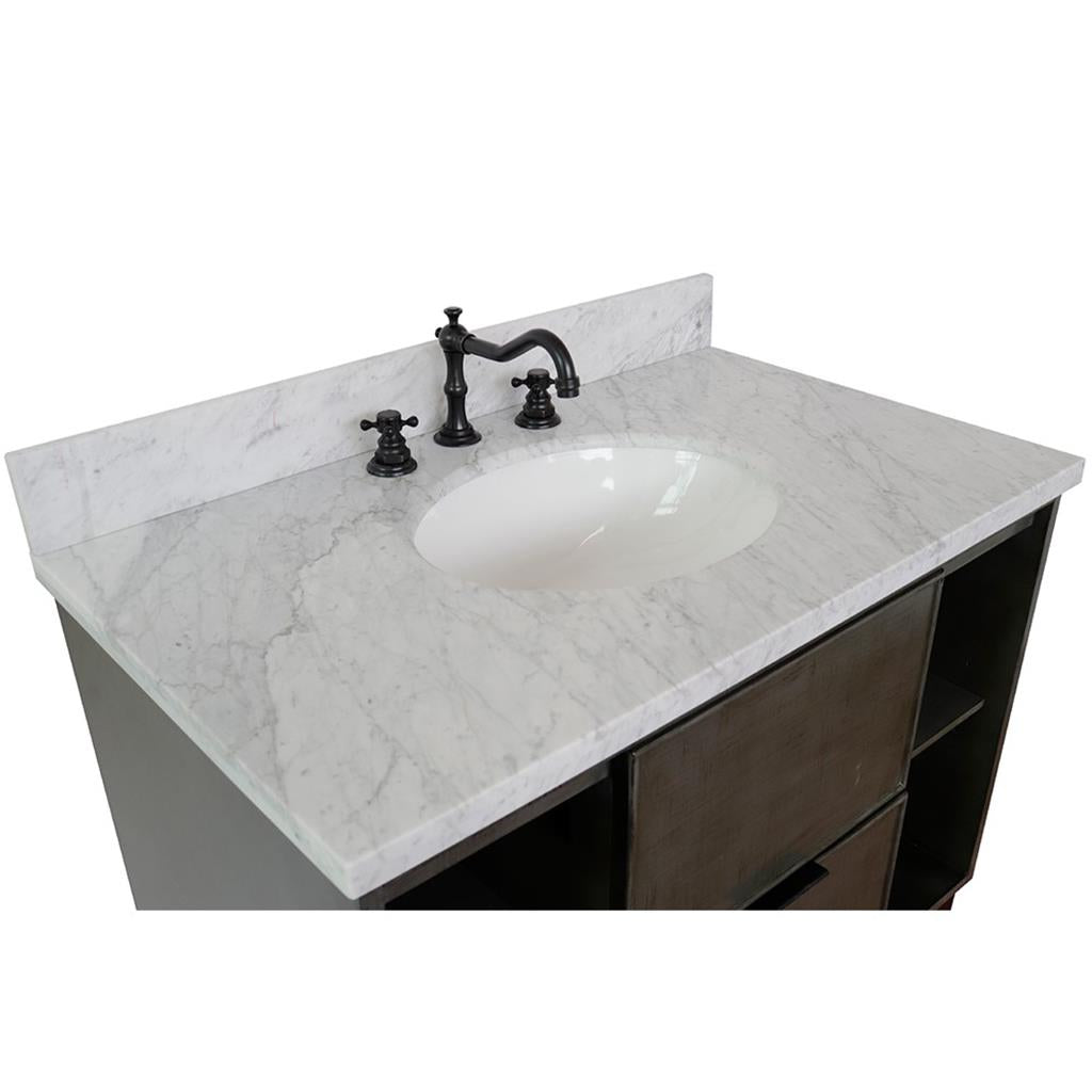 Bellaterra Scandi 37" Single Wall Mount Vanity, Linen Gray, White Carrara Top/Oval Sink