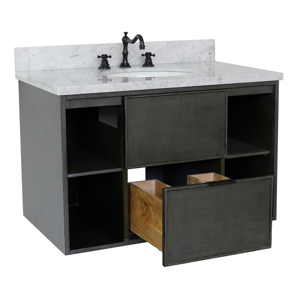 Bellaterra Scandi 37" Single Wall Mount Vanity, Linen Gray, White Carrara Top/Oval Sink