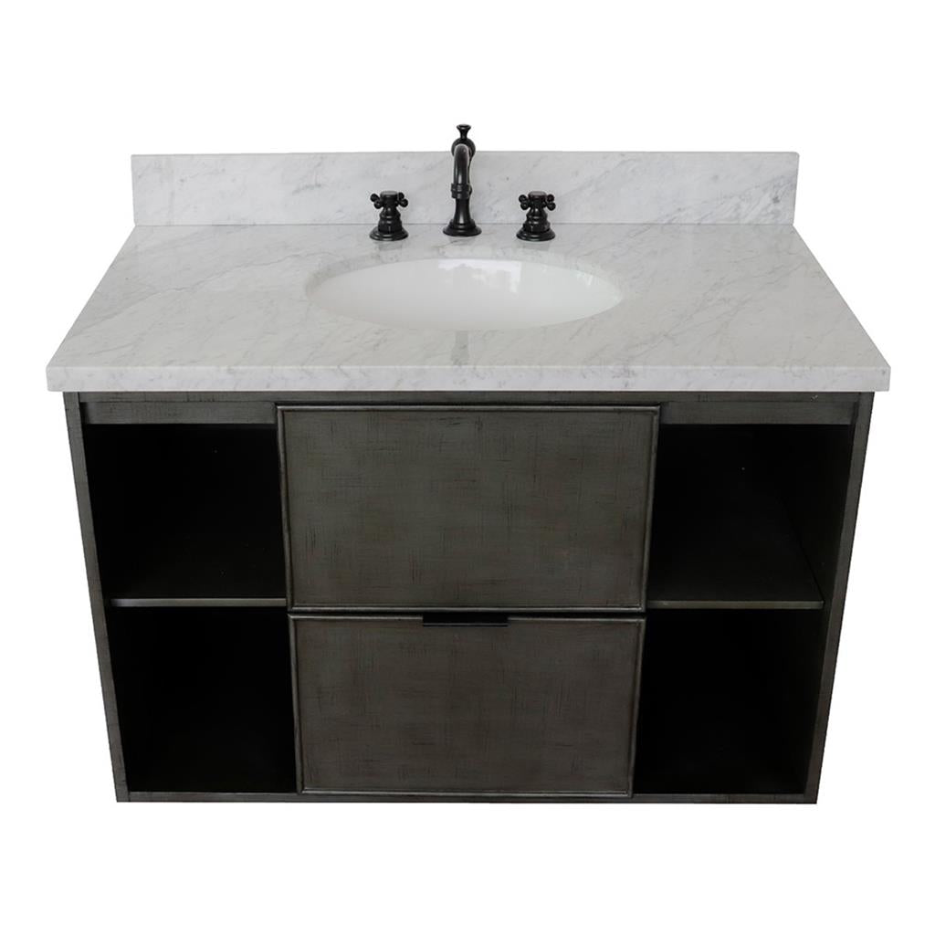 Bellaterra Scandi 37" Single Wall Mount Vanity, Linen Gray, White Carrara Top/Oval Sink