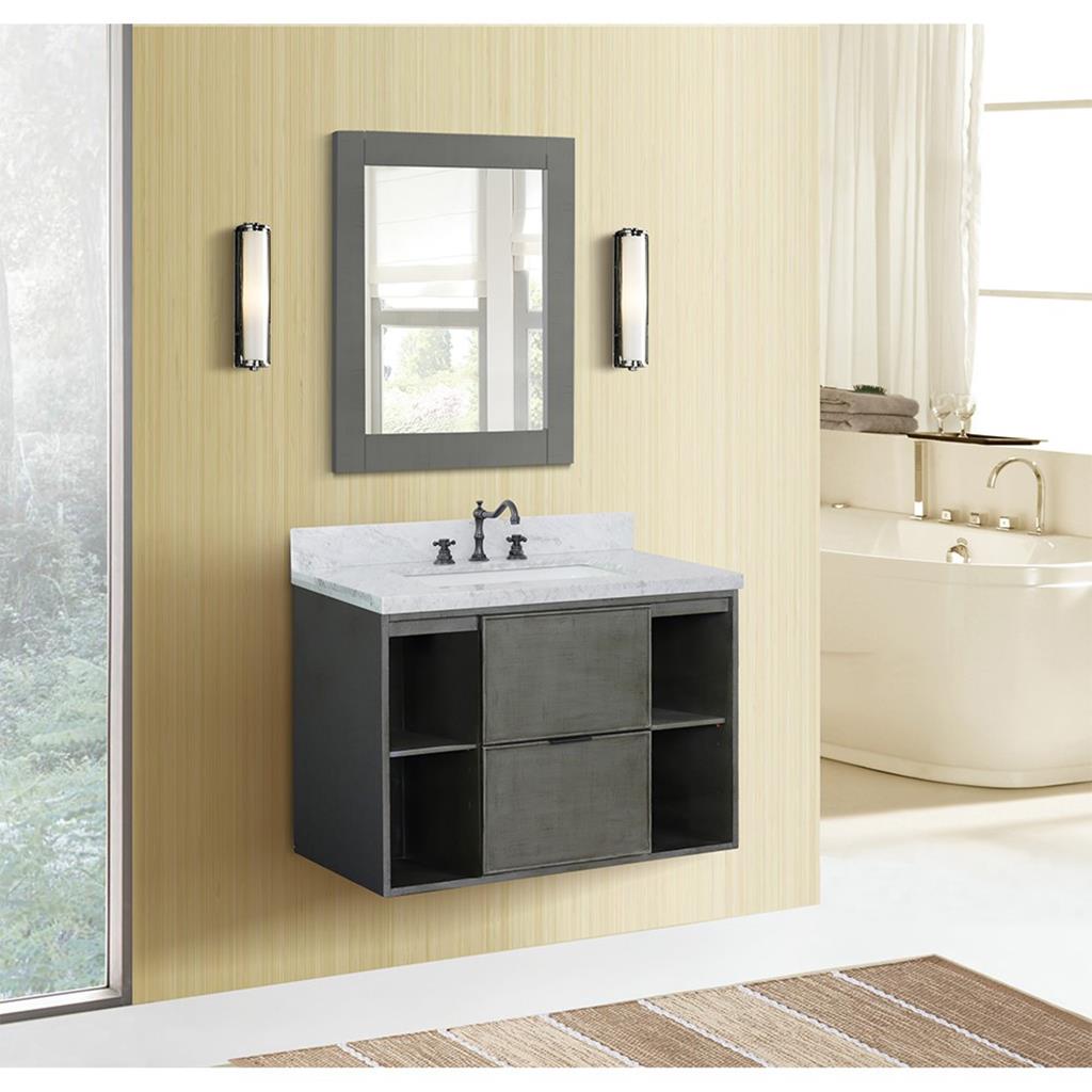 Bellaterra Scandi 37" Single Wall Mount Vanity, Linen Gray, White Carrara Top/Rectangle Sink