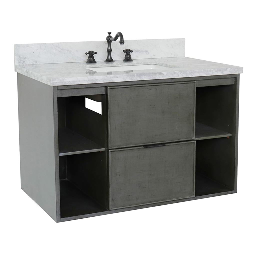 Bellaterra Scandi 37" Single Wall Mount Vanity, Linen Gray, White Carrara Top/Rectangle Sink