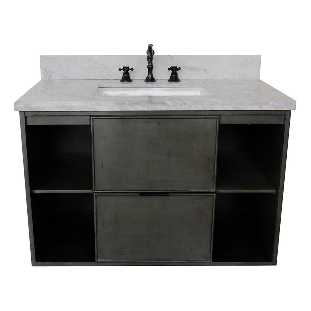 Bellaterra Scandi 37" Single Wall Mount Vanity, Linen Gray, White Carrara Top/Rectangle Sink