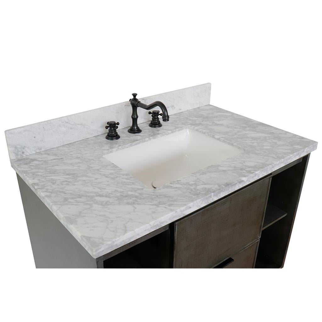 Bellaterra Scandi 37" Single Wall Mount Vanity, Linen Gray, White Carrara Top/Rectangle Sink