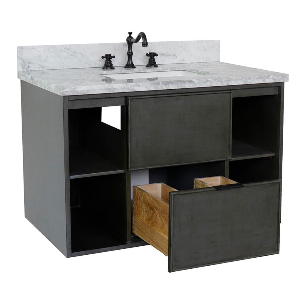 Bellaterra Scandi 37" Single Wall Mount Vanity, Linen Gray, White Carrara Top/Rectangle Sink