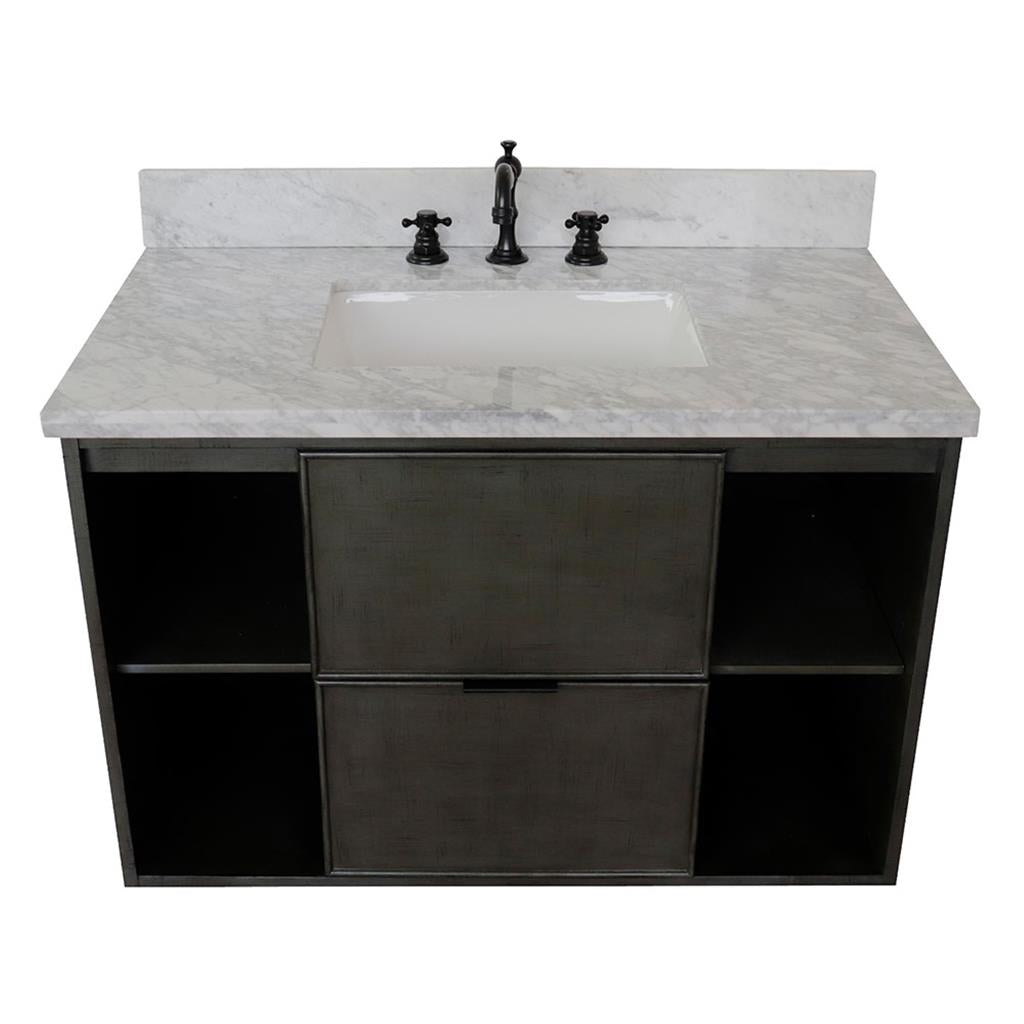 Bellaterra Scandi 37" Single Wall Mount Vanity, Linen Gray, White Carrara Top/Rectangle Sink