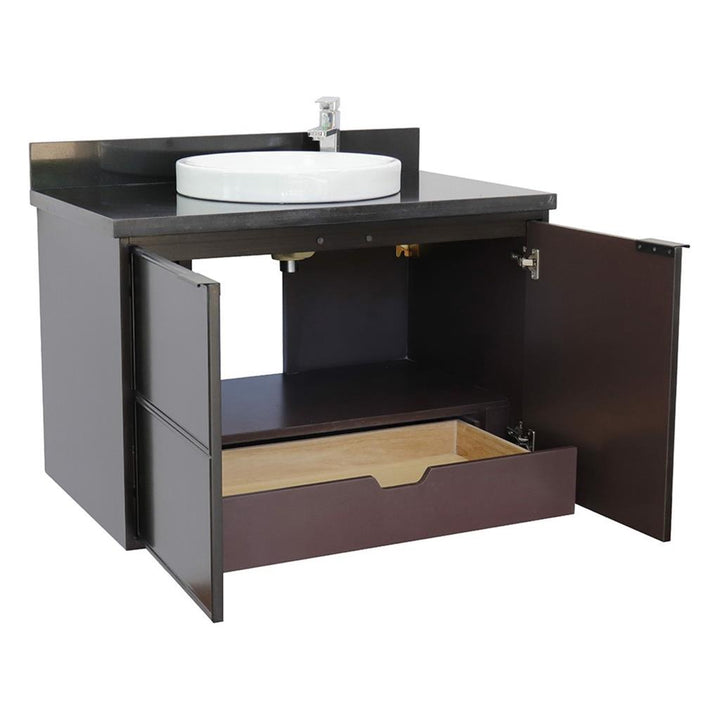 Bellaterra Scandi 37" Single Wall Mount Vanity, Cappuccino, Black Galaxy Granite Top/Round Sink