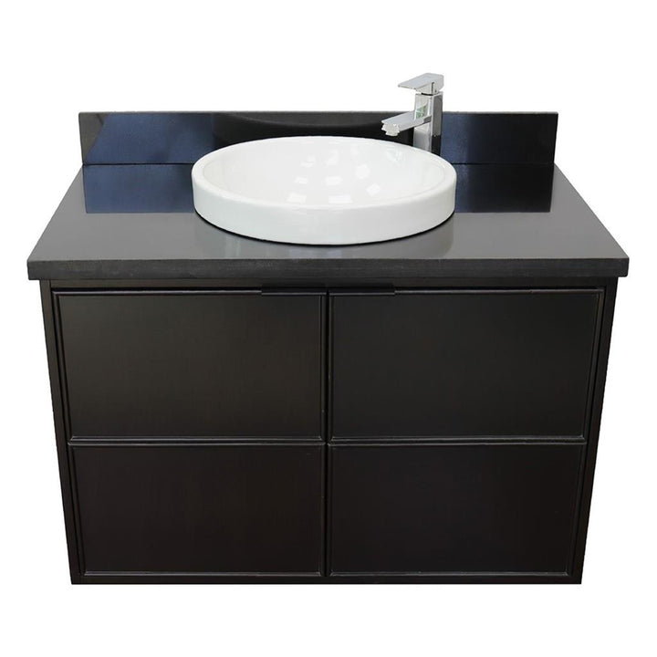 Bellaterra Scandi 37" Single Wall Mount Vanity, Cappuccino, Black Galaxy Granite Top/Round Sink