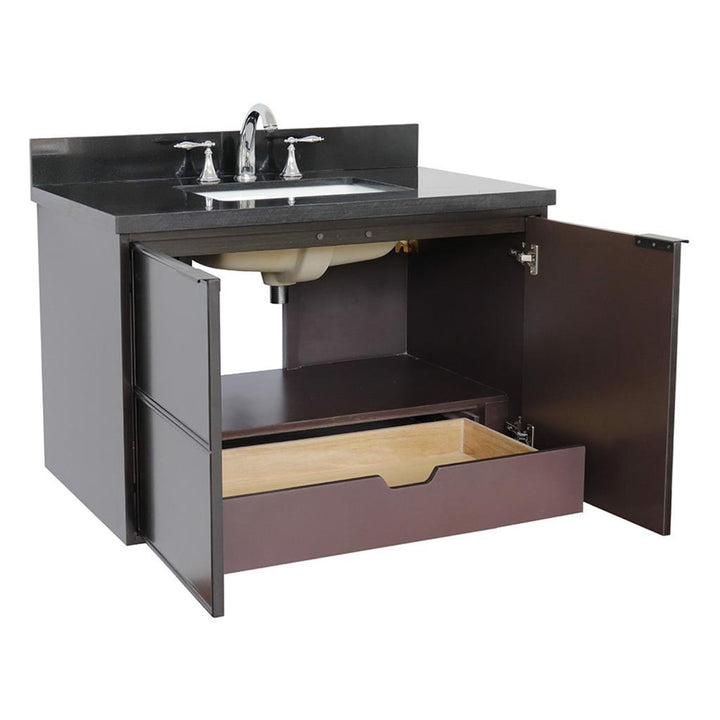 Bellaterra Scandi 37" Single Wall Mount Vanity, Cappuccino, Black Galaxy Granite Top/Rectangle Sink