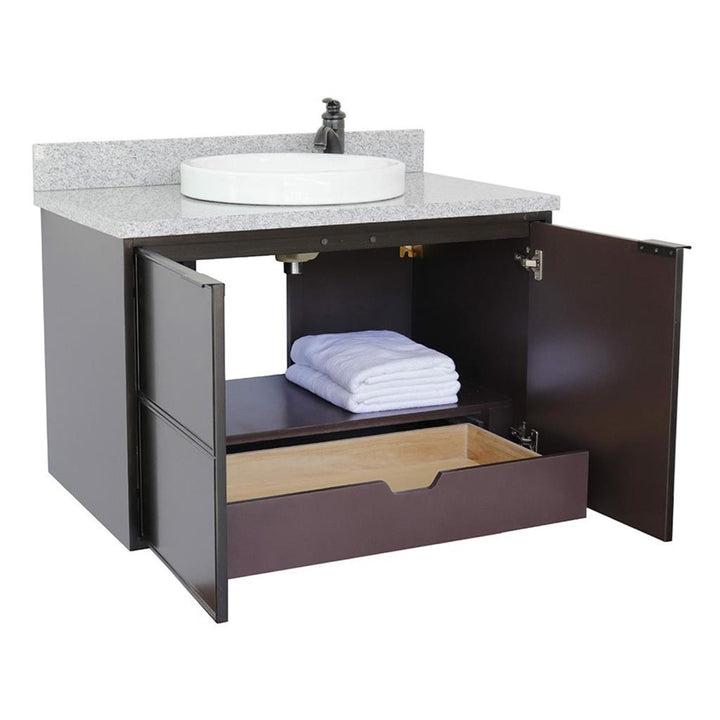 Bellaterra Scandi 37" Single Wall Mount Vanity, Cappuccino, Gray Granite Top/Round Sink